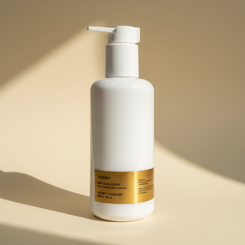 White bottle with gold label on a beige background