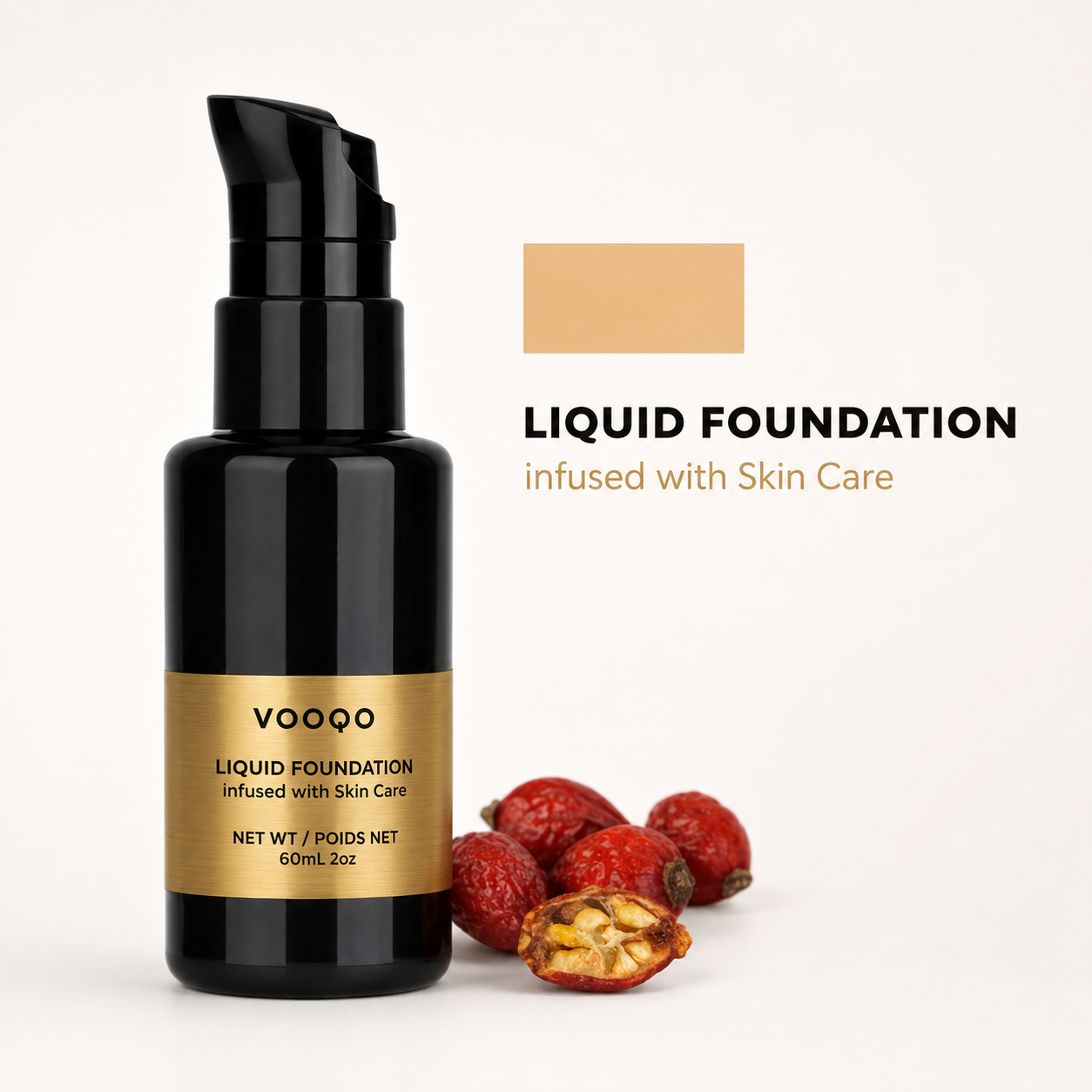 Vooqo Liquid Foundation infused with Skin Care in a black pump bottle with a gold label, shown on a clean white background with botanical rosehip fruit accents.