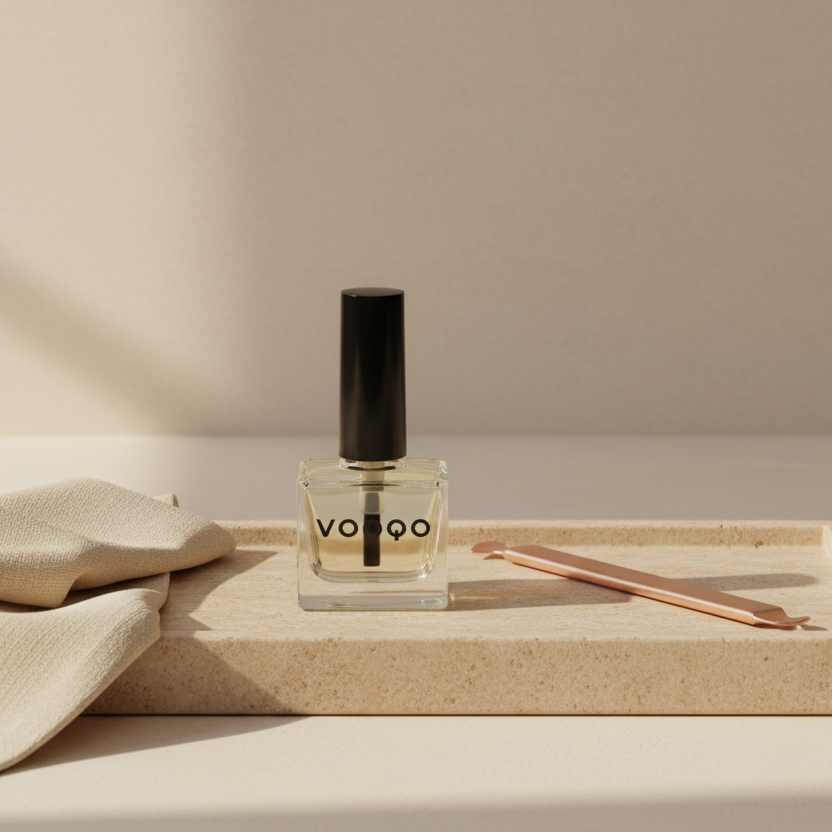 Vongo nail polish bottle on a wooden tray with a beige towel and wooden stick in the background.