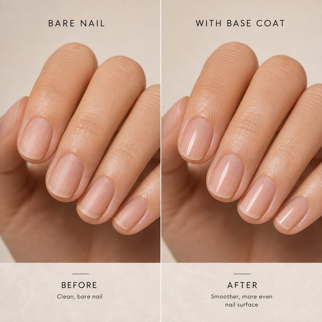 Bare nails compared with nails after Vooqo Base Coat for a smoother more even surface