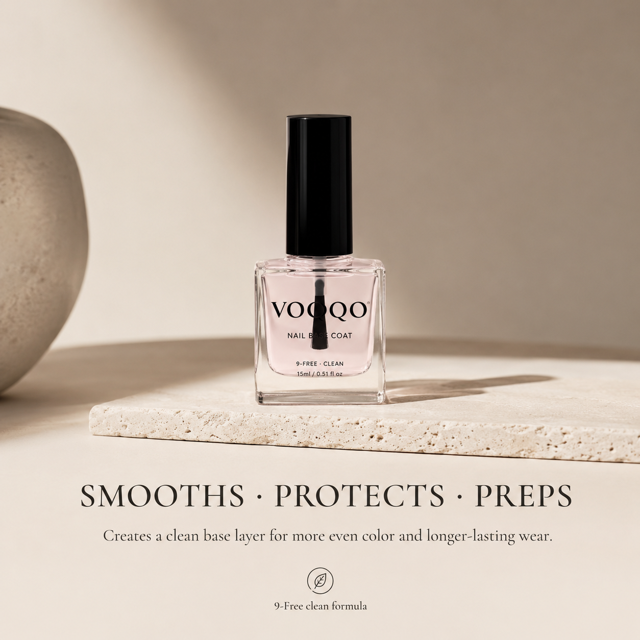 Vooqo Nail Base Coat highlighting smoothing protection nail preparation and 9-Free clean formula