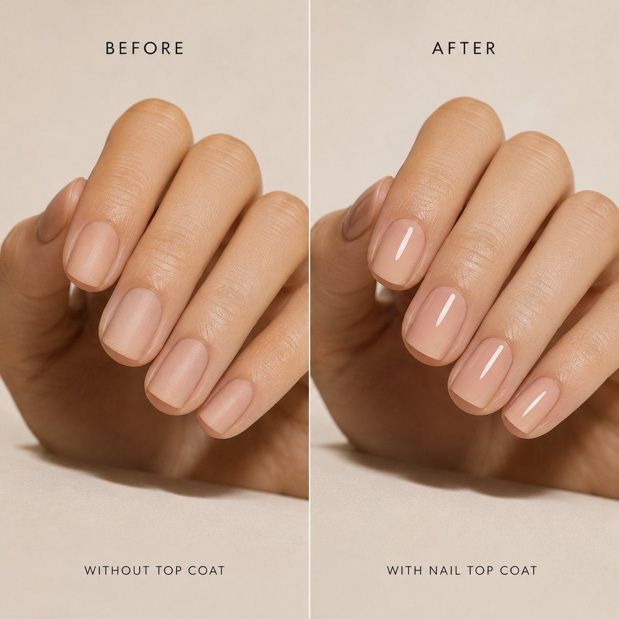 Before and after manicure showing the glossy finish created by Vooqo Nail Top Coat