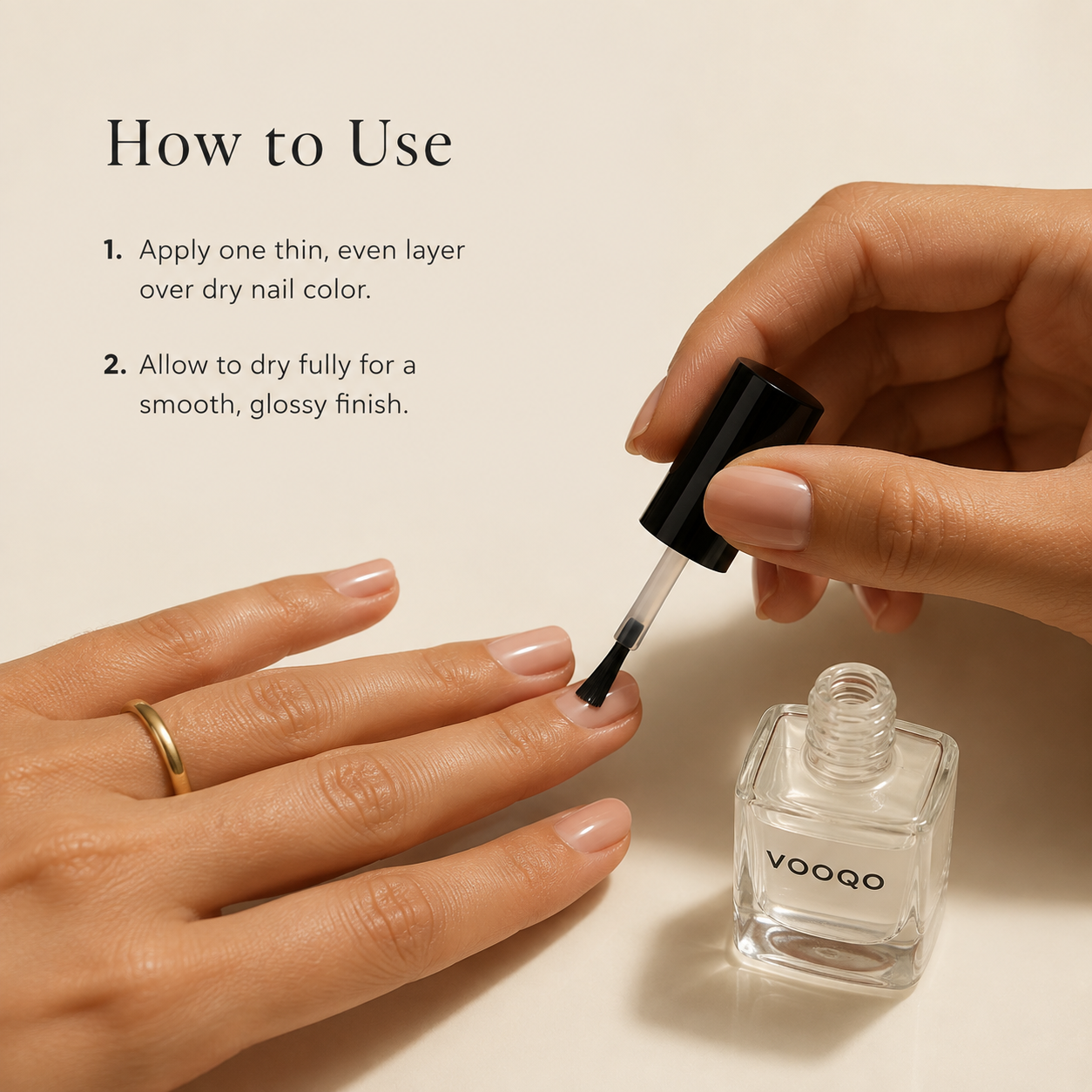 How to apply Vooqo Nail Top Coat in a thin even layer for a smooth glossy finish