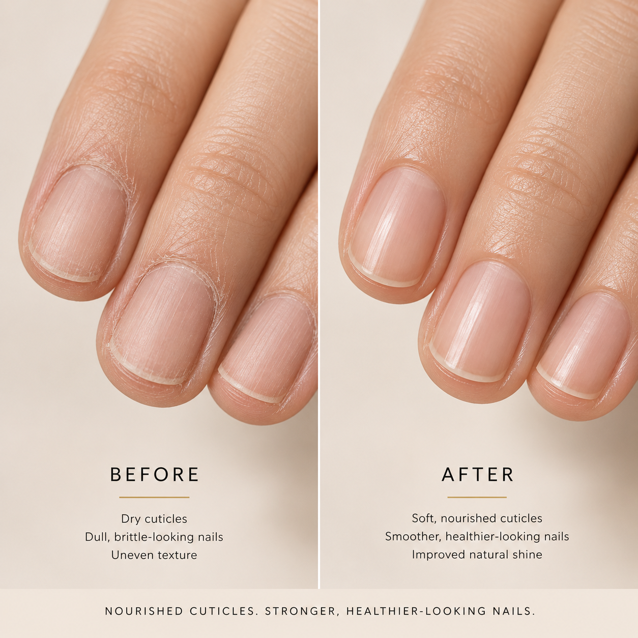 Before and after natural nails showing softer cuticles and smoother healthier-looking nails with Vooqo Nail Treatment