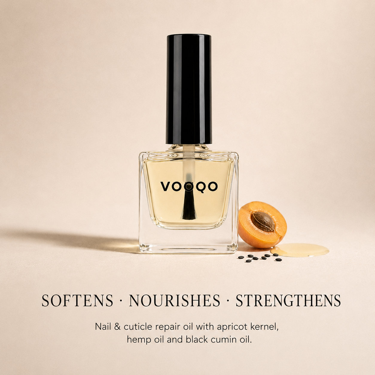 Vooqo Nail Treatment with apricot kernel hemp and black cumin oils to soften nourish and strengthen nails and cuticles