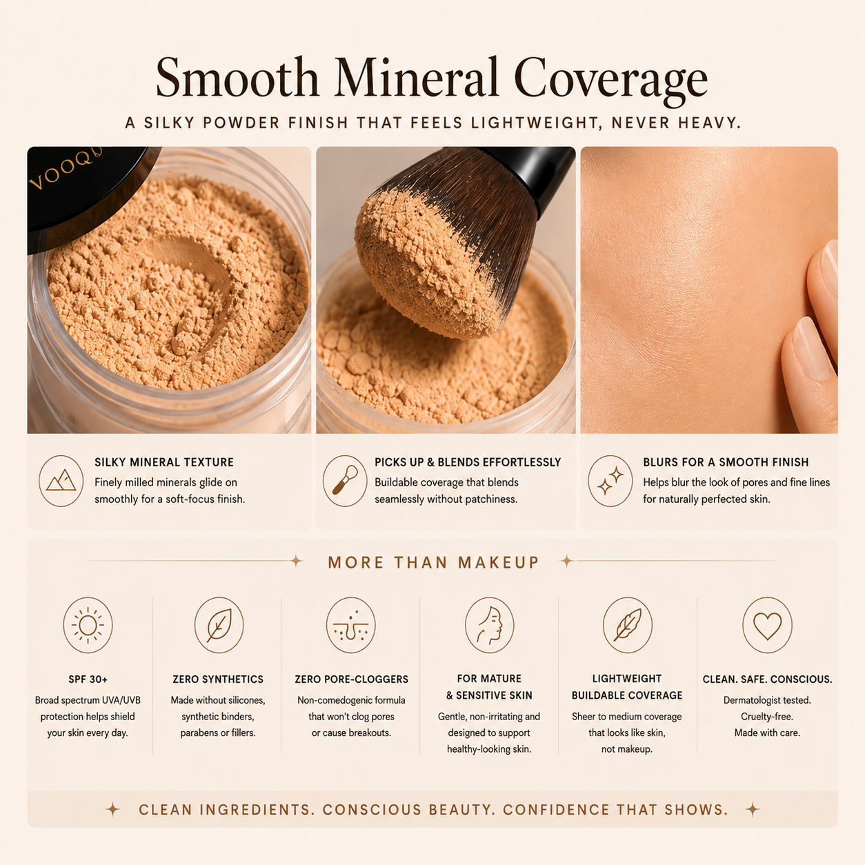 Vooqo Powder Foundation SPF 30+ mineral texture, brush application and smooth soft-focus skin finish