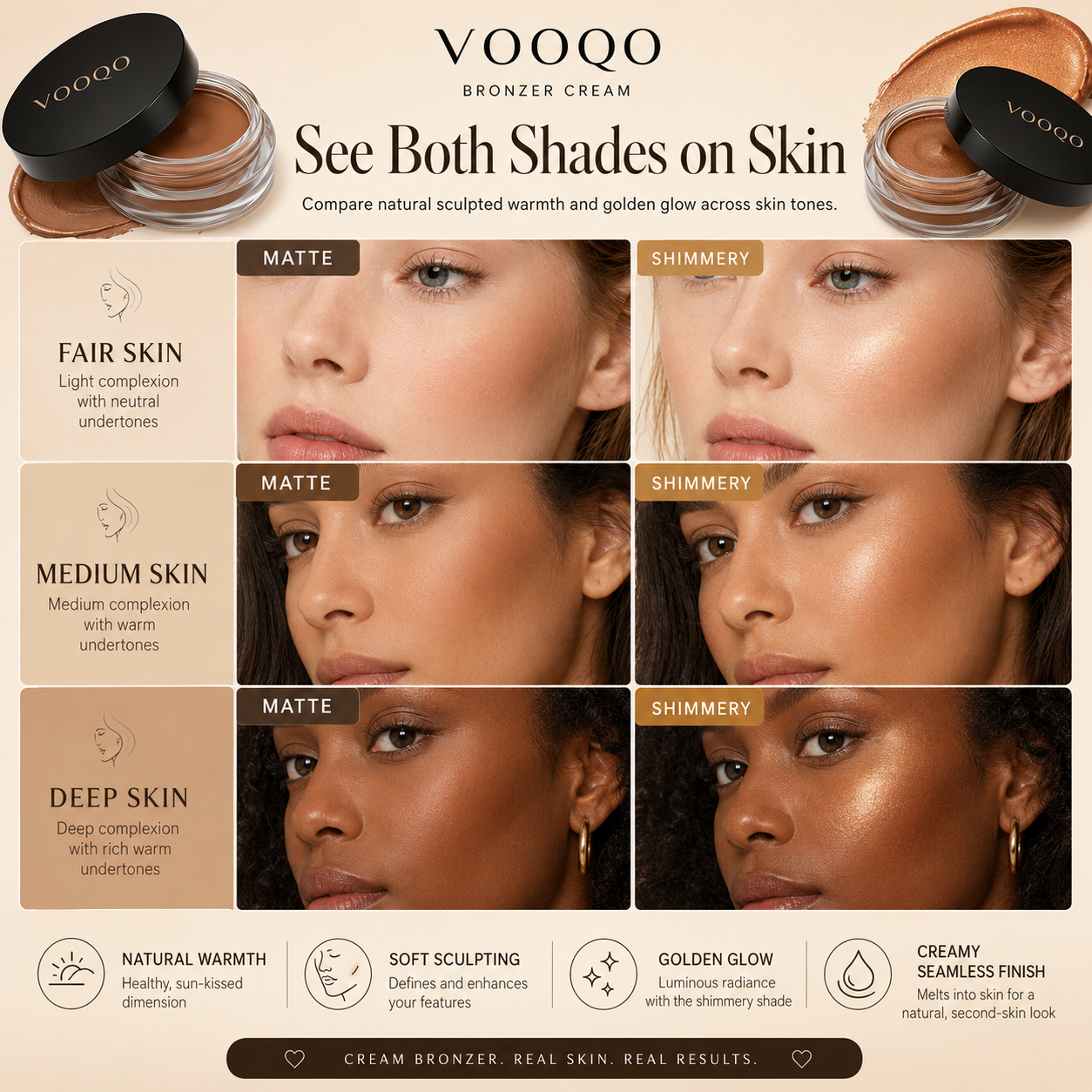 Vooqo bronzer cream comparison chart showing different skin tones and finishes.