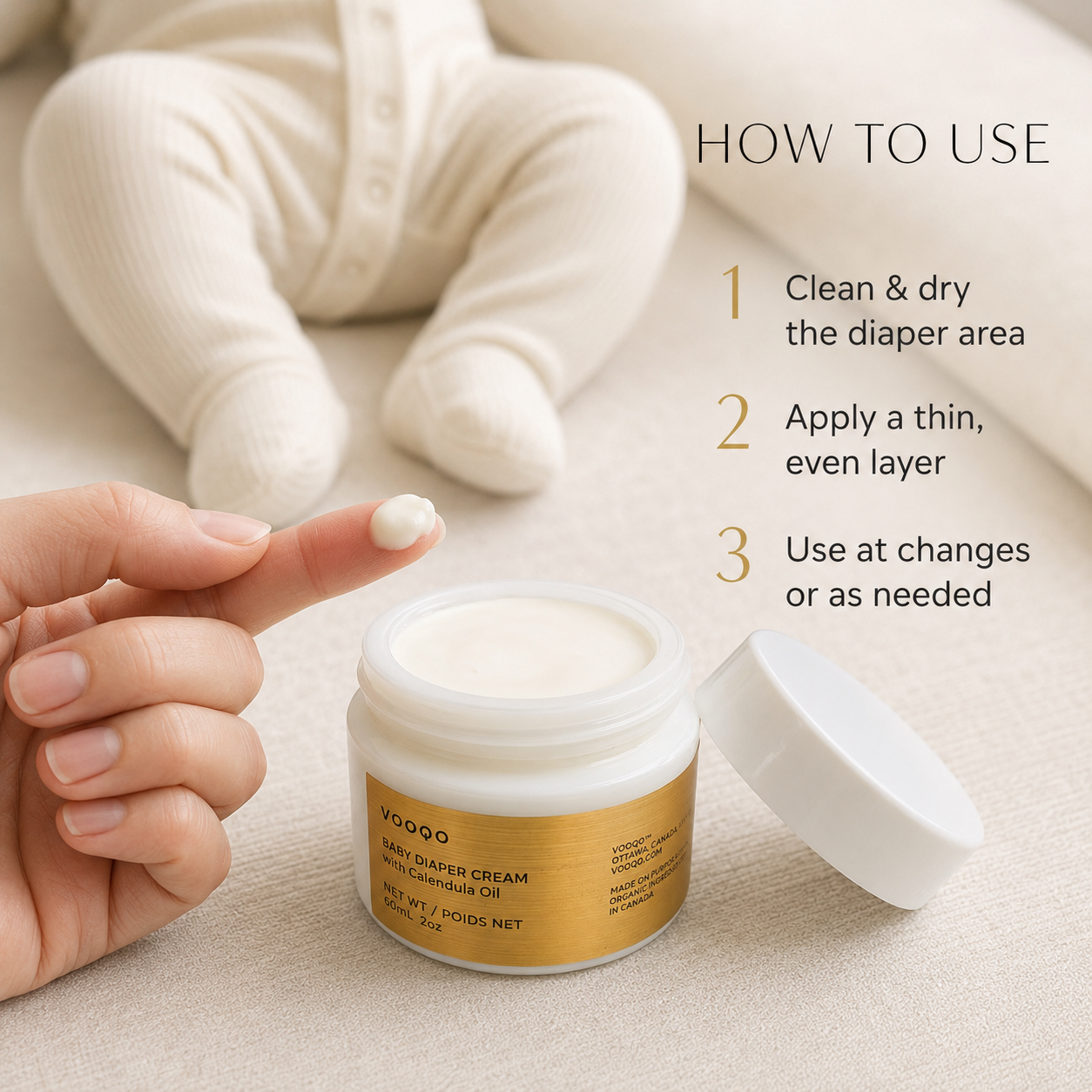 How to apply a thin layer of Vooqo Baby Diaper Cream during diaper changes