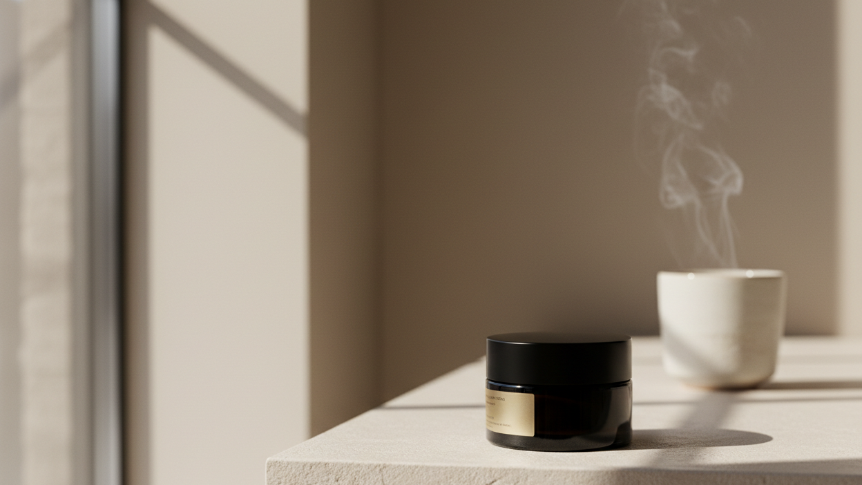 Black container with gold label on a concrete surface with a white cup and smoke in the background.