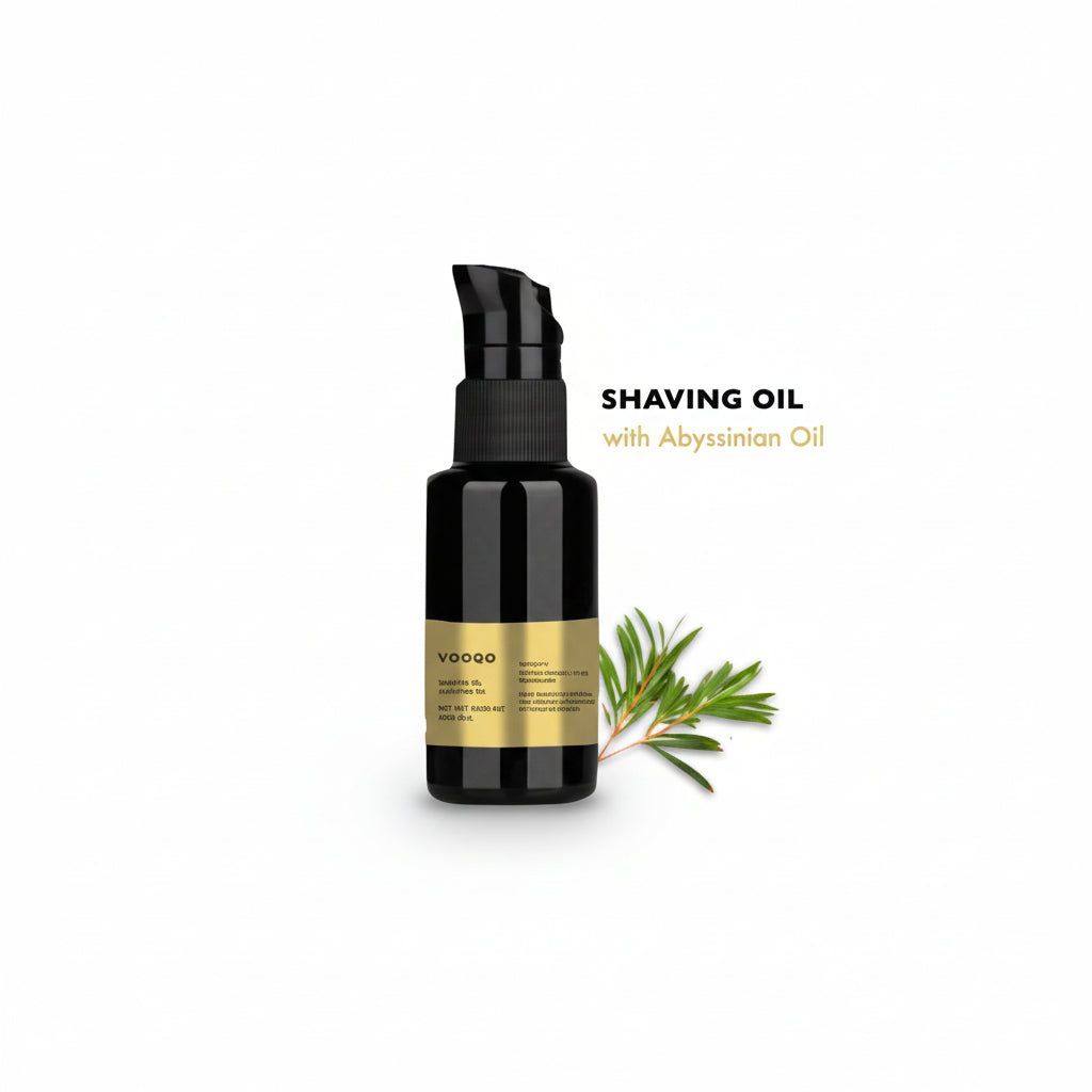 Bottle of shaving oil with Abyssinian oil on a light gray background