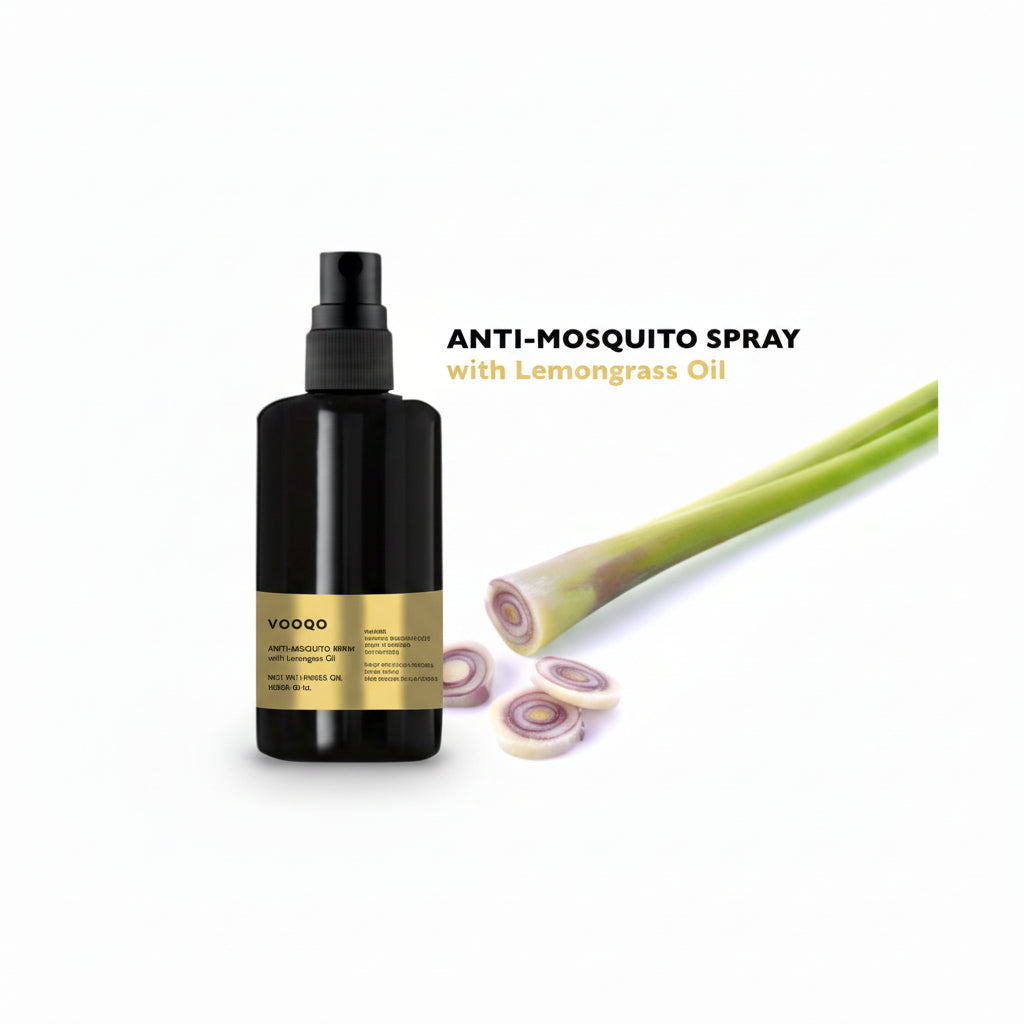 Anti-mosquito spray bottle with lemongrass oil on a white background