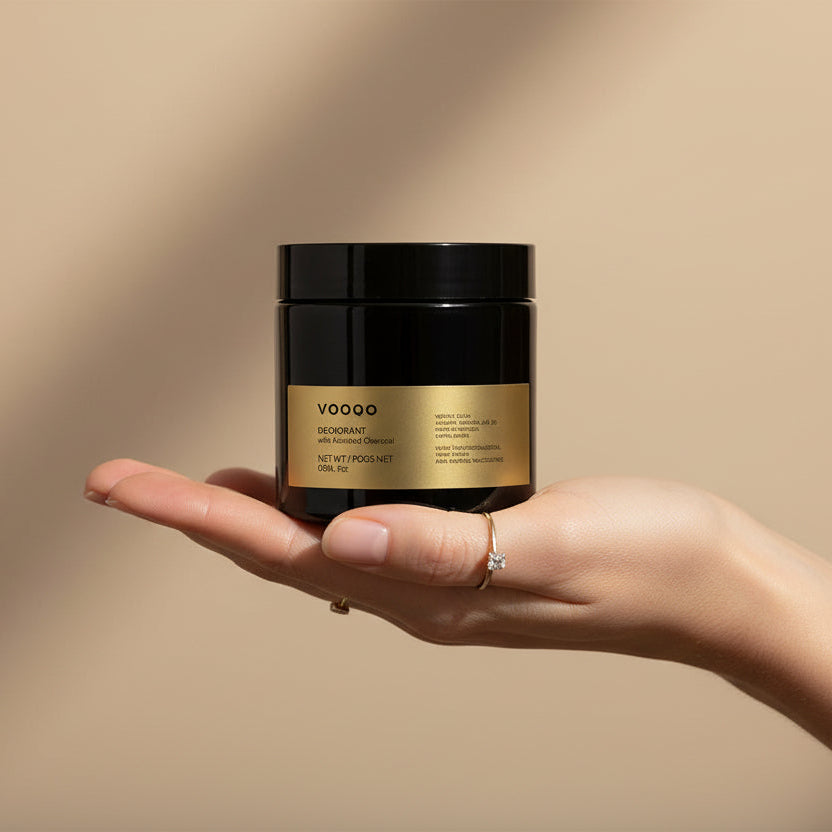 Black deodorant jar with gold label and bamboo leaves on a light gray background