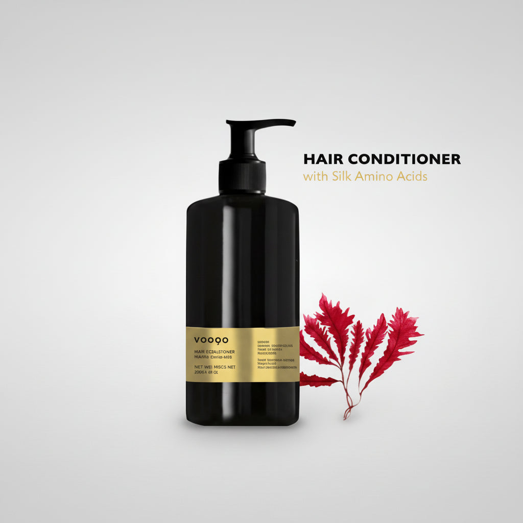 Hair conditioner bottle with a red leaf on a white background
