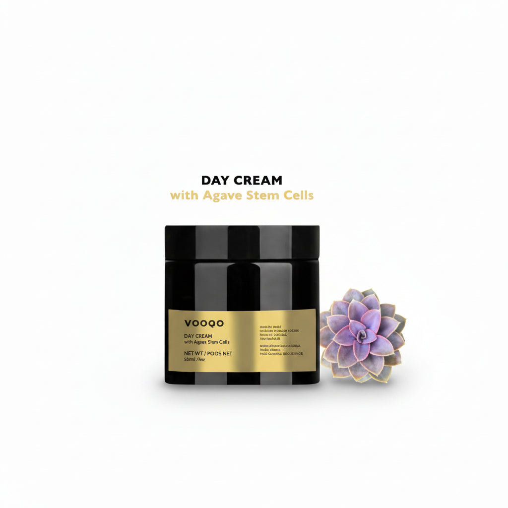 VOOGO day cream jar with agave stem cells on a white background