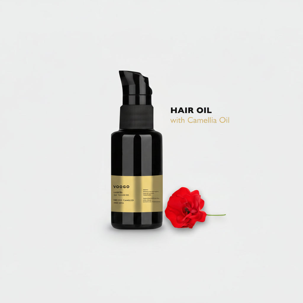 Hair oil bottle with a red flower on a light gray background