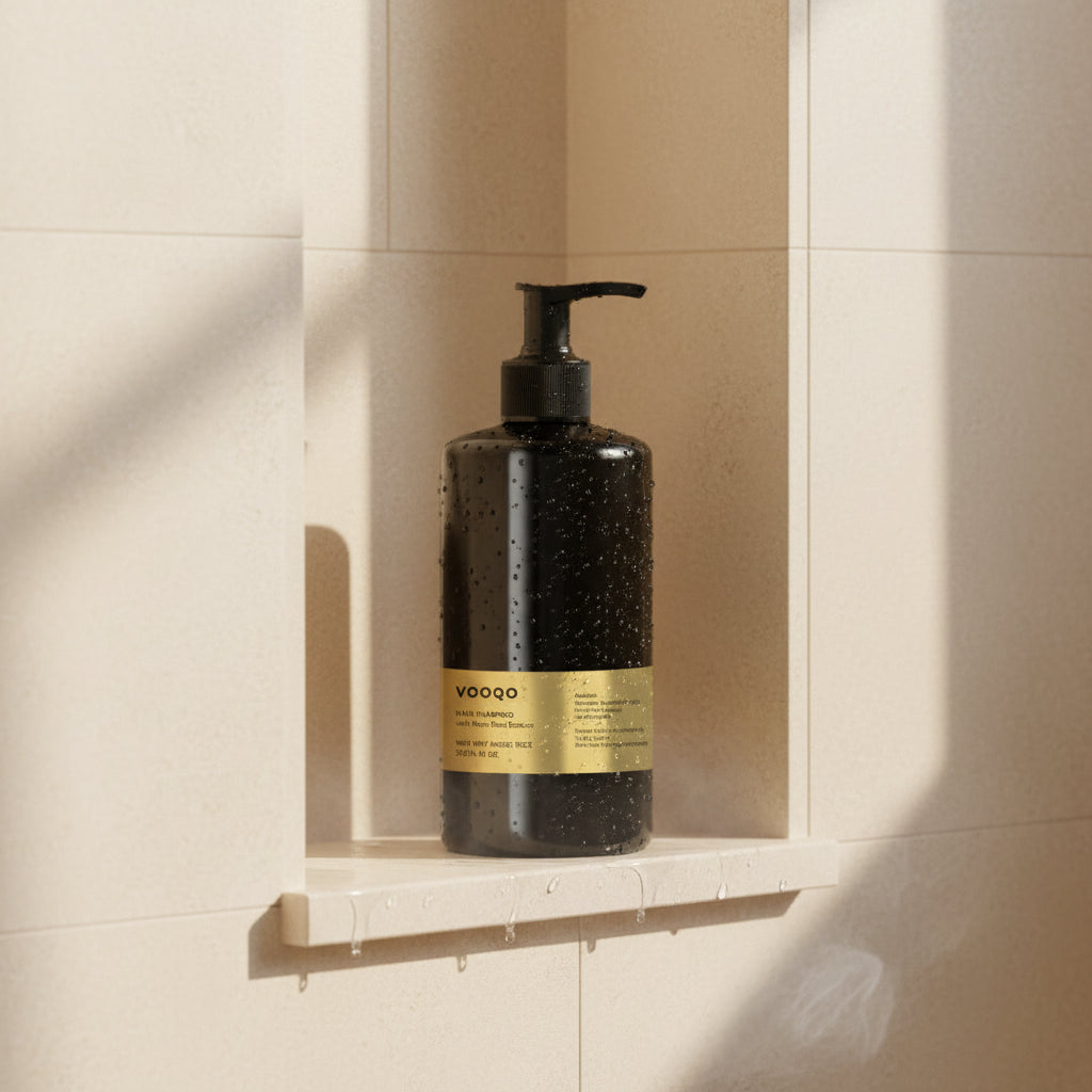 Black shampoo bottle with gold label on a white background