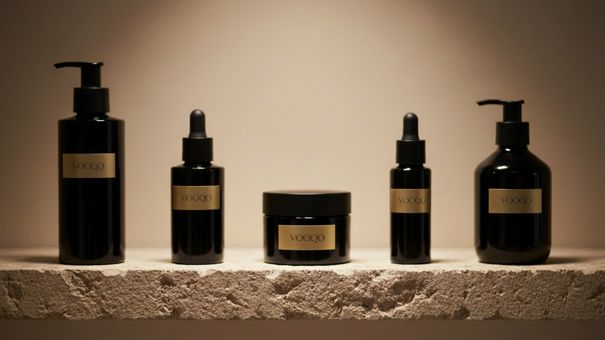 Set of black skincare products with visible labels on a stone surface.
