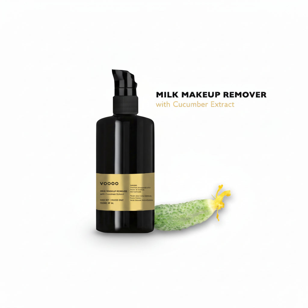 Black bottle of milk makeup remover with a green cucumber on a white background