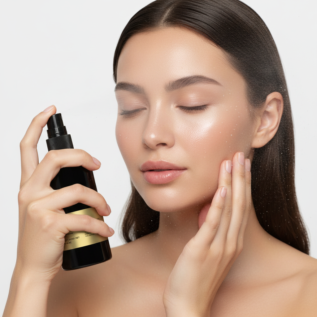 Woman applying a skincare product to her face with a spray bottle.