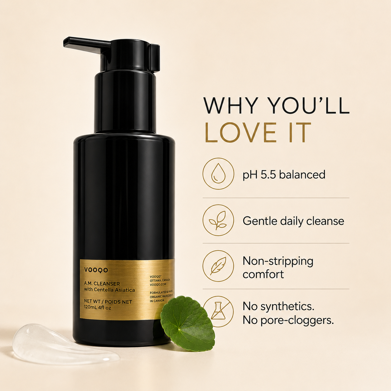 VOOQO A.M. Cleanser with Centella Asiatica benefits image highlighting pH 5.5 balance, gentle daily cleansing, and non-stripping comfort.