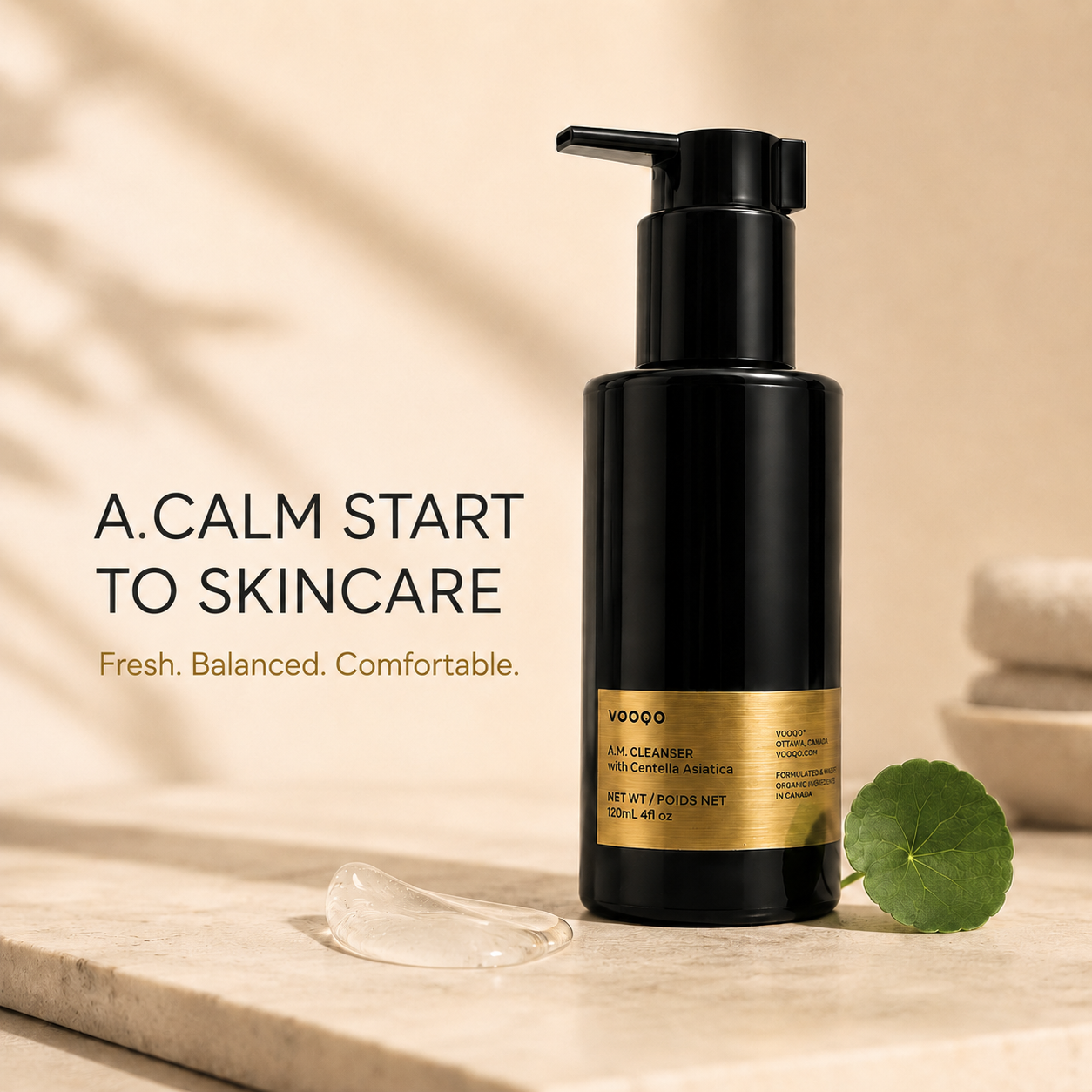 VOOQO A.M. Cleanser with Centella Asiatica in a calm minimalist skincare scene for a fresh morning routine.