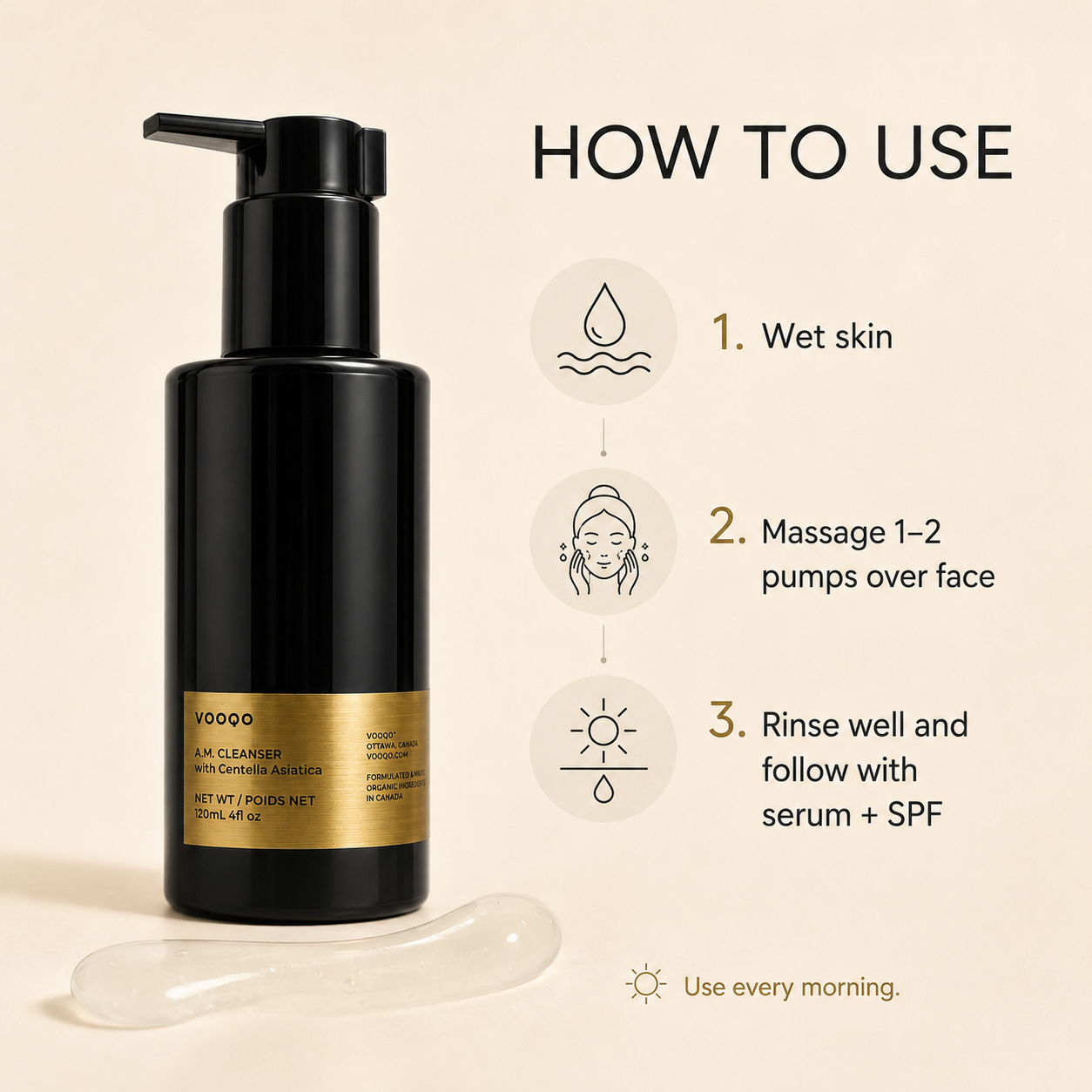How to use VOOQO A.M. Cleanser with Centella Asiatica, showing wet skin, massage, rinse, and follow with serum and SPF.