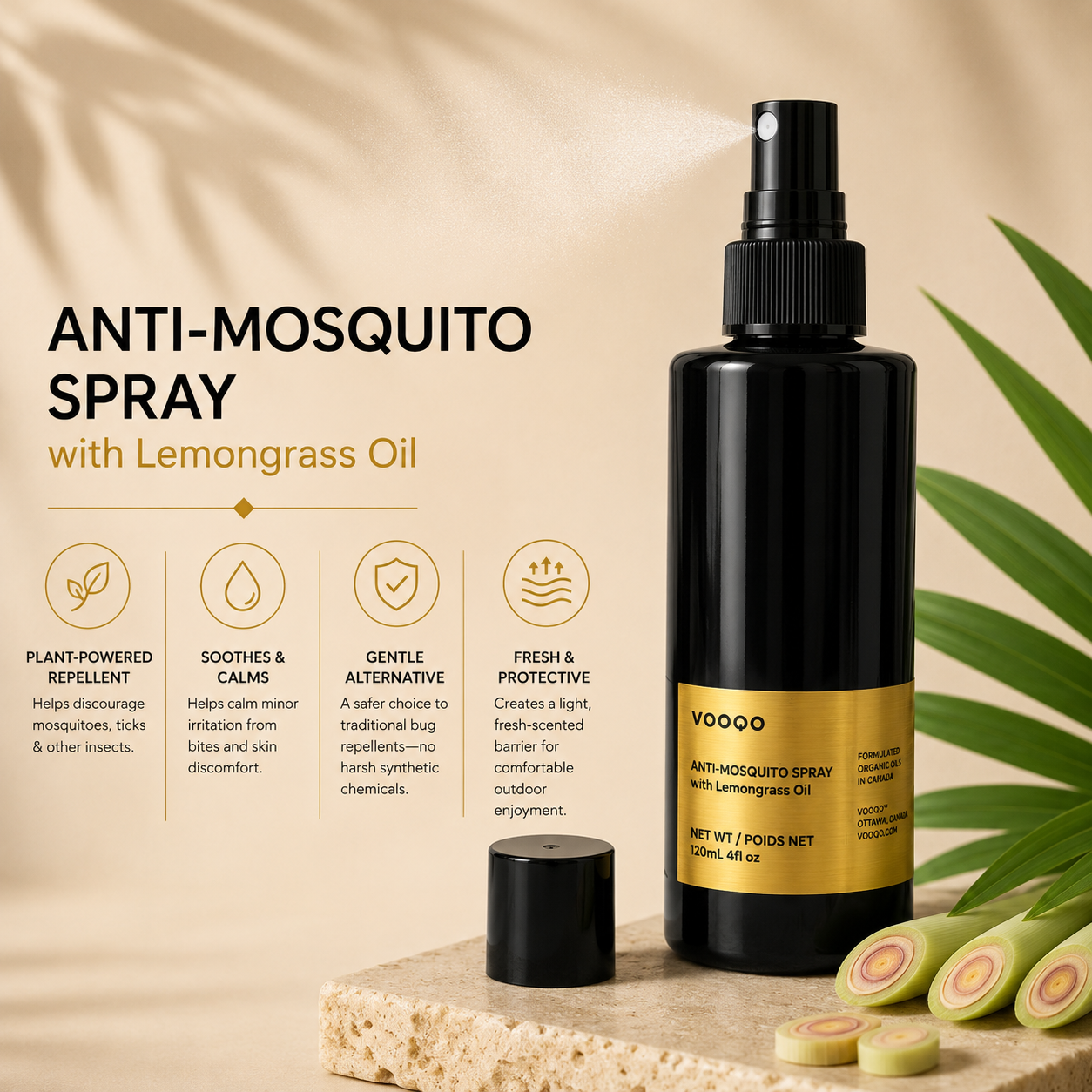 Key botanical ingredients in Vooqo Anti-Mosquito Spray featuring Lemongrass Oil and plant-based insect protection
