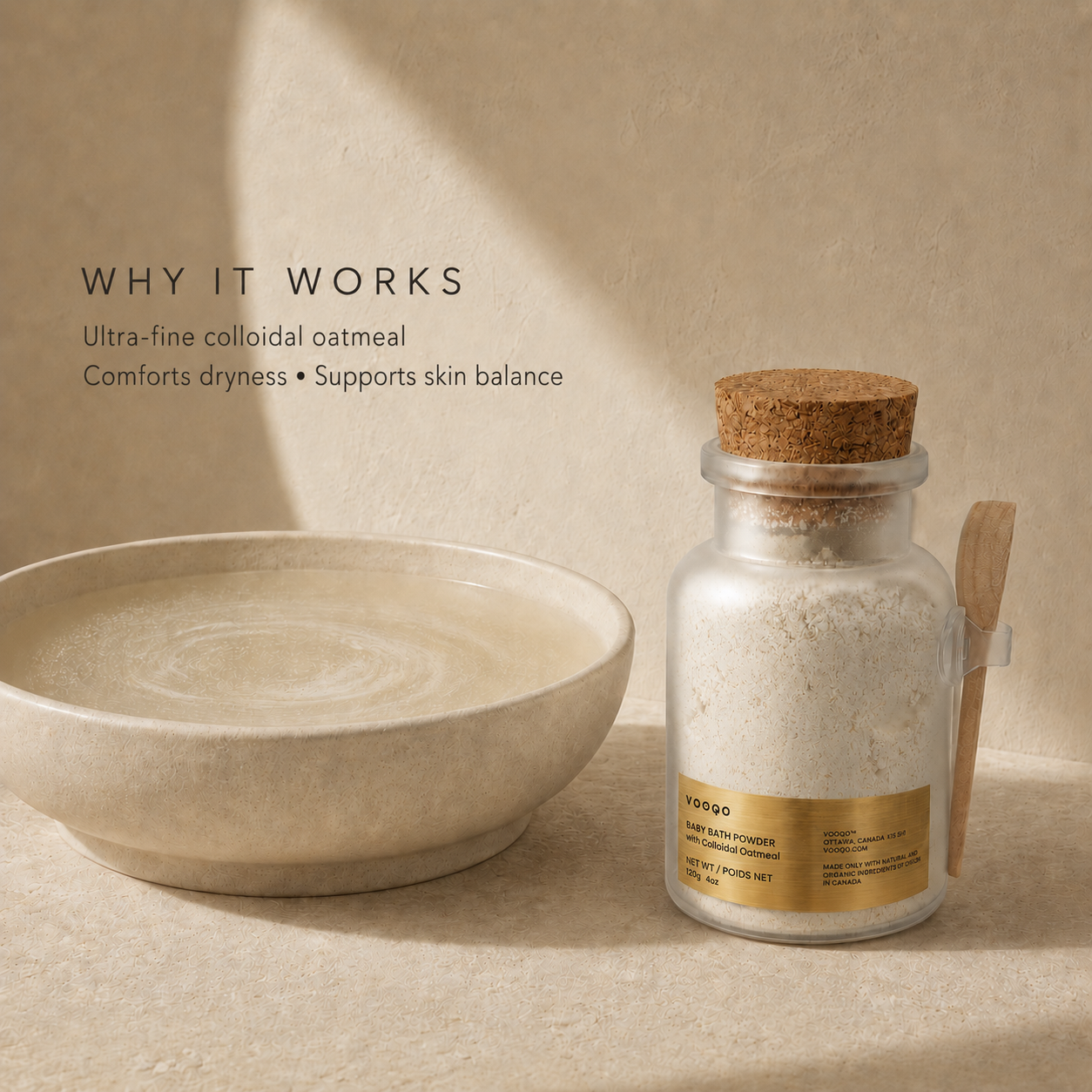 Vooqo Baby Bath Powder with ultra-fine colloidal oatmeal dispersed in a soothing milky bath