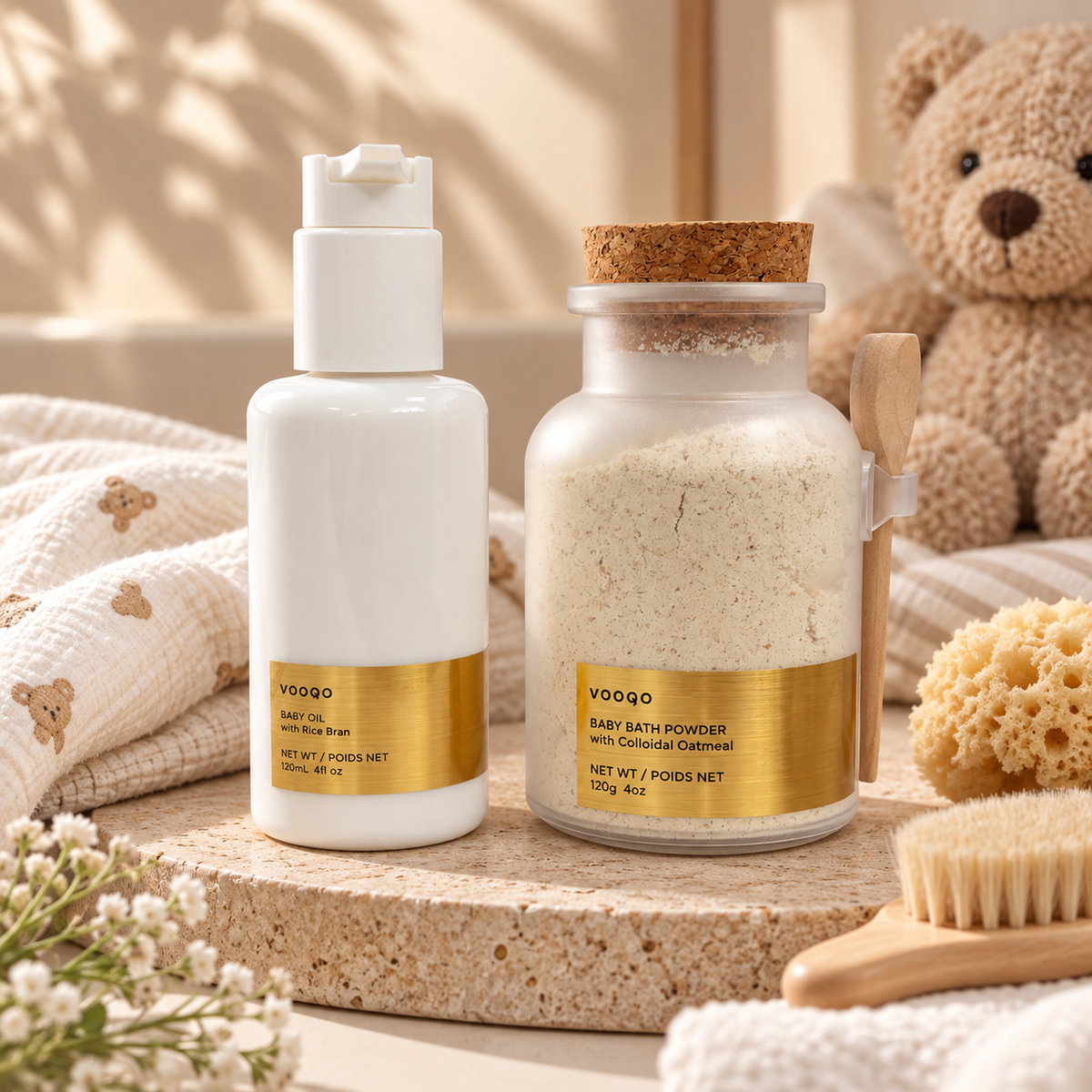 Vooqo Baby Oil with Rice Bran and Baby Bath Powder with Colloidal Oatmeal styled in a warm, gentle nursery setting.