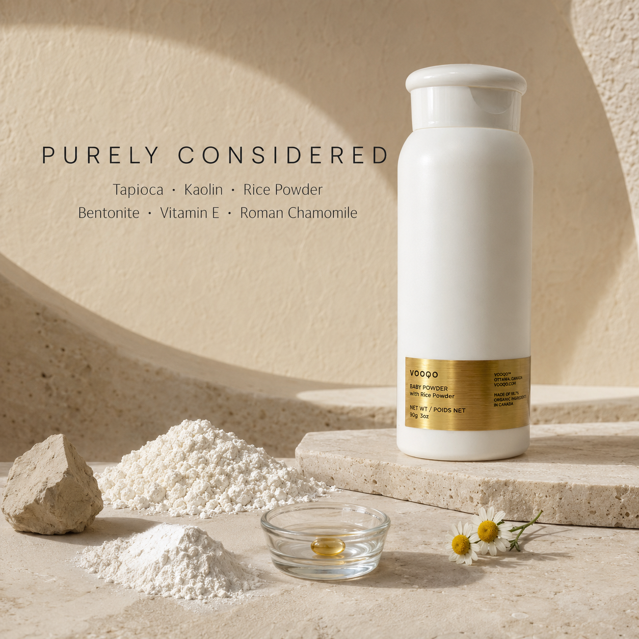 Vooqo Baby Powder with tapioca, kaolin, rice powder, bentonite, vitamin E and Roman chamomile