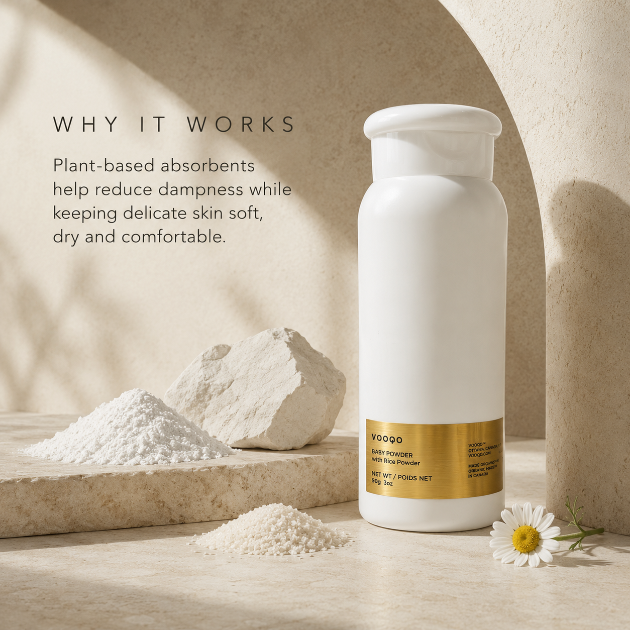 Vooqo Baby Powder with plant-based absorbents for soft, dry and comfortable delicate skin