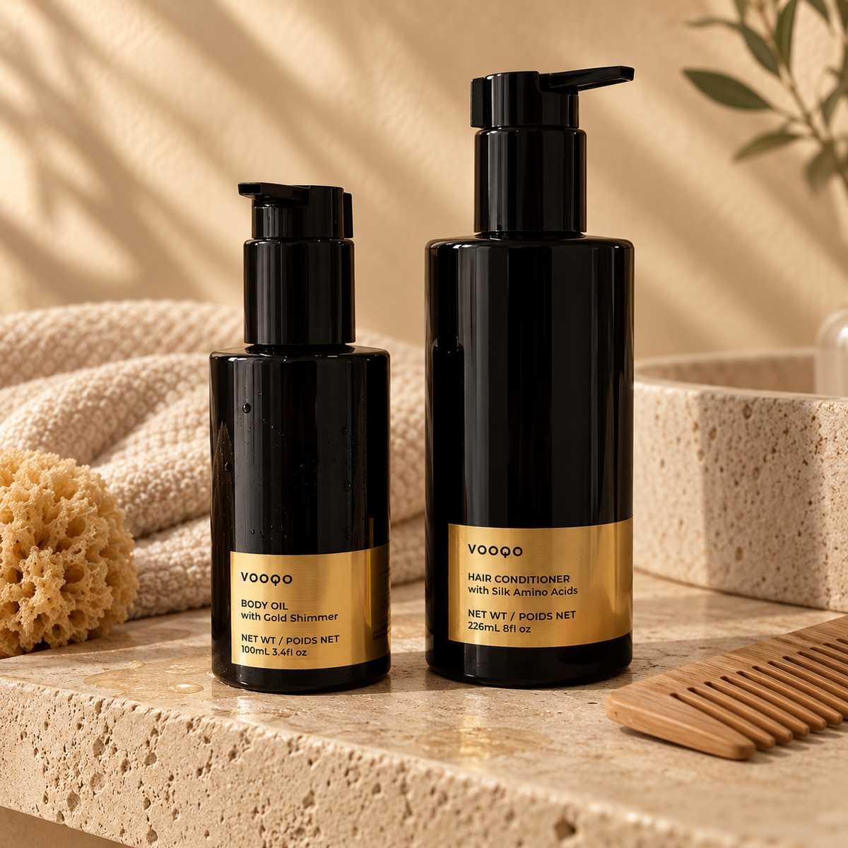 Vooqo Body Oil with Gold Shimmer and Hair Conditioner with Silk Amino Acids styled on warm travertine with spa accessories.