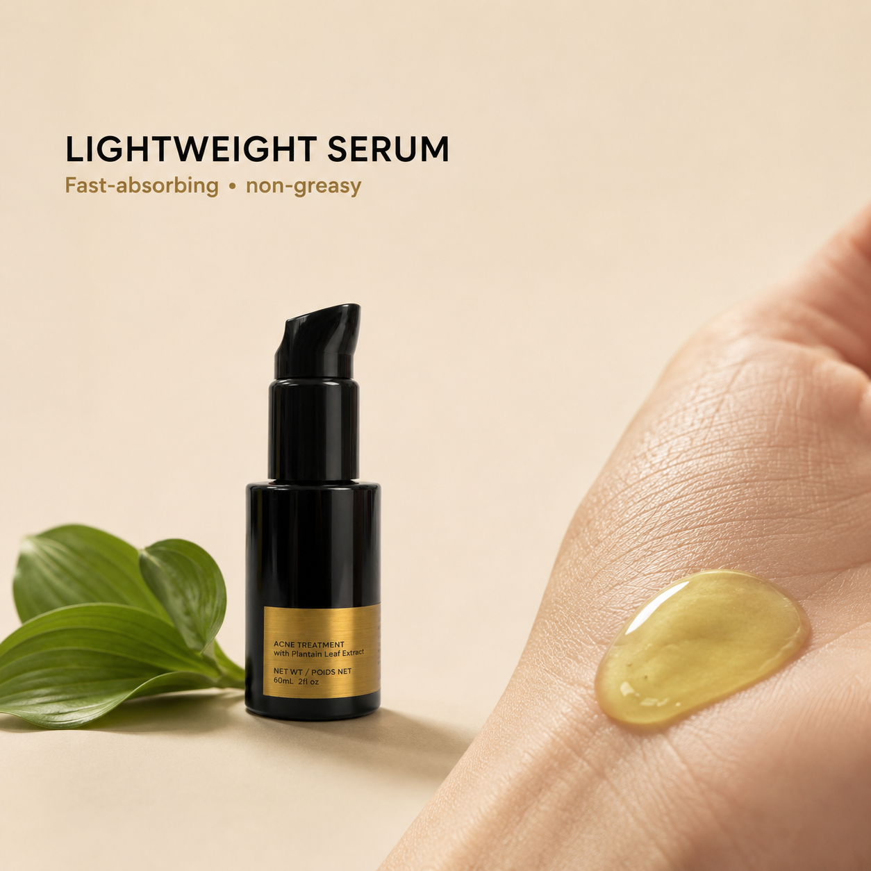 Lightweight serum texture of Vooqo Blemish Solution with Plantain Leaf Extract shown close up to highlight the formula.