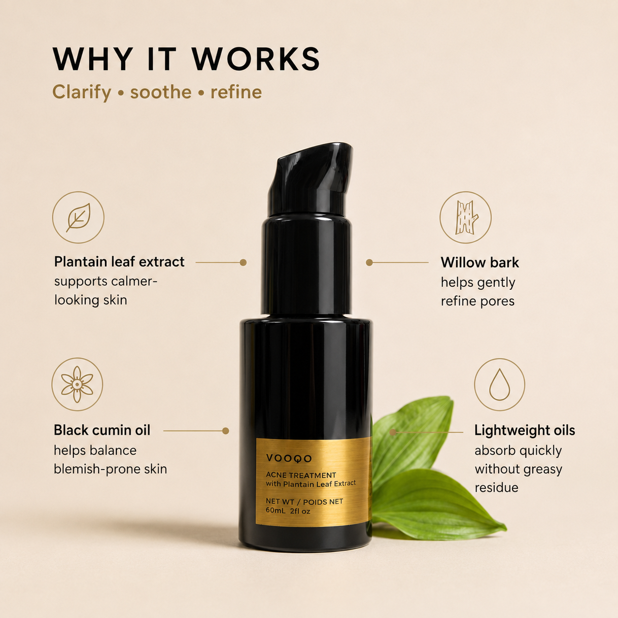 Why it works image for Vooqo Blemish Solution explaining the clarifying and soothing benefits of Plantain Leaf Extract.