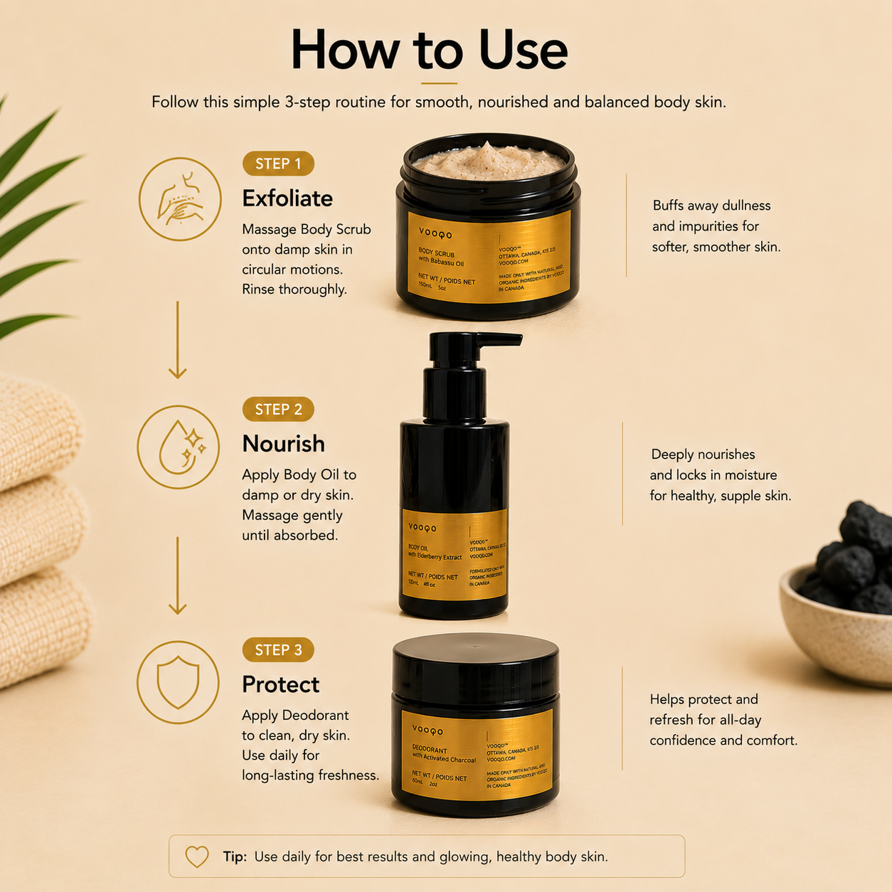 How to use the Vooqo Body Balance Ritual with Body Scrub, Body Oil and Deodorant in three simple steps.