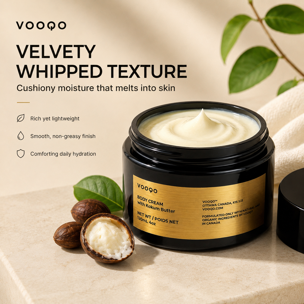 Vooqo Body Cream with Kokum Butter texture image showing velvety whipped cream texture, rich yet lightweight feel, smooth non-greasy finish, and daily hydration.