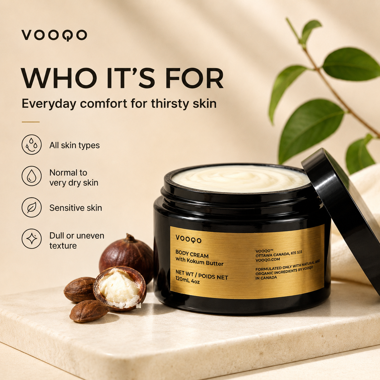Vooqo Body Cream with Kokum Butter who it is for image showing everyday comfort for all skin types, normal to very dry skin, sensitive skin, and dull or uneven texture.