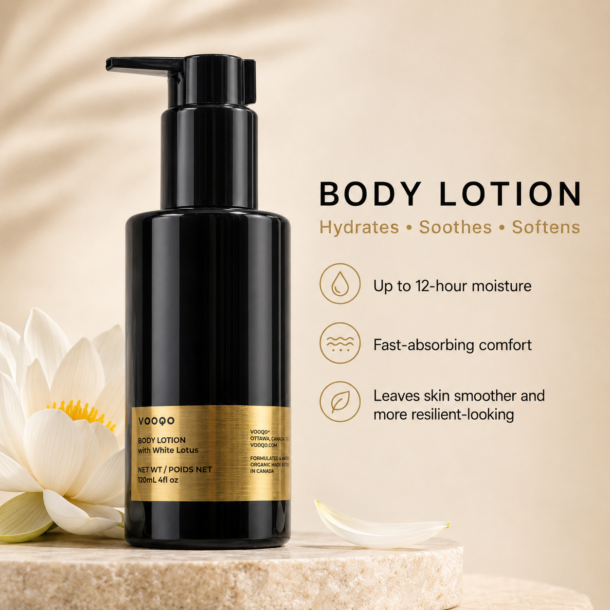 Vooqo Body Lotion with White Lotus best for image showing all skin types, sensitive skin, dry skin, sun-exposed skin, and freshly waxed skin.