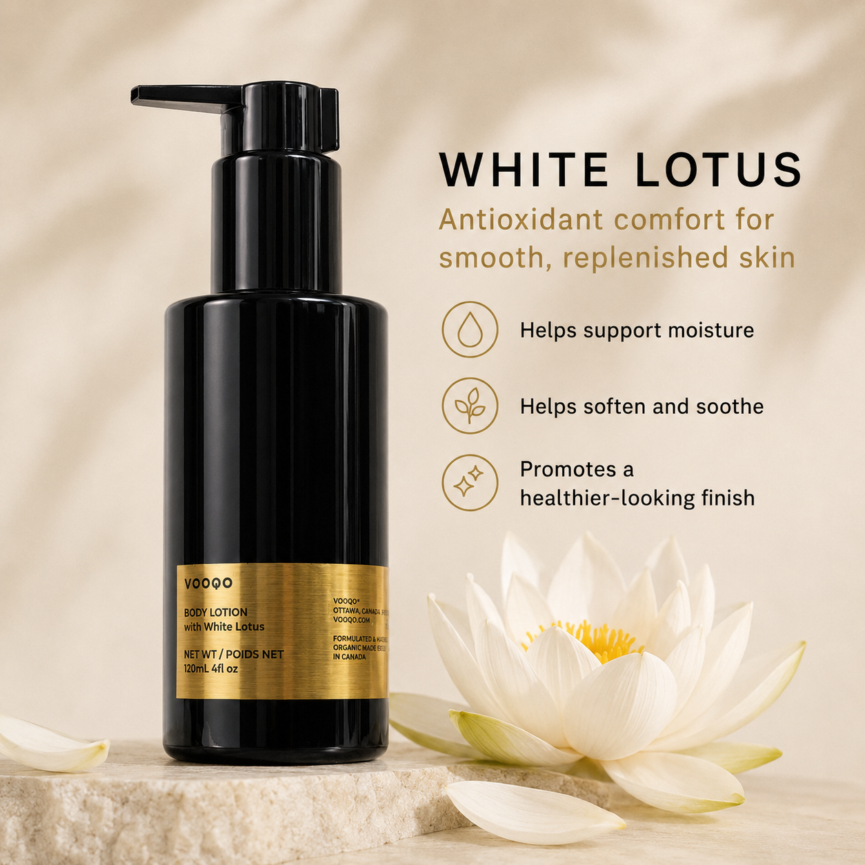 Vooqo Body Lotion with White Lotus ingredient benefit image showing antioxidant comfort for smooth replenished skin, moisture support, softening care, and healthier-looking finish.