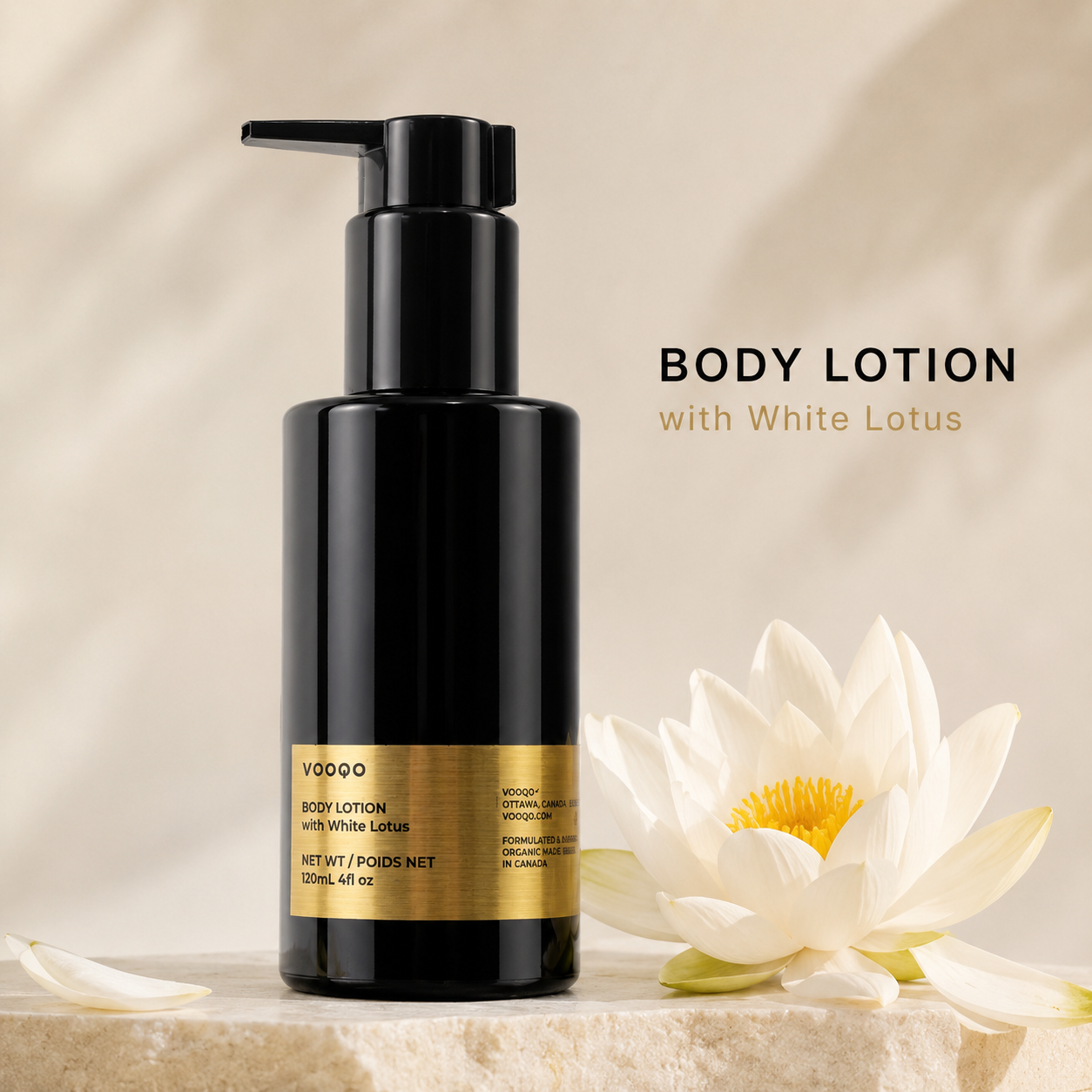 Vooqo Body Lotion with White Lotus main product image with black pump bottle, gold label, white lotus flower, and warm neutral background.