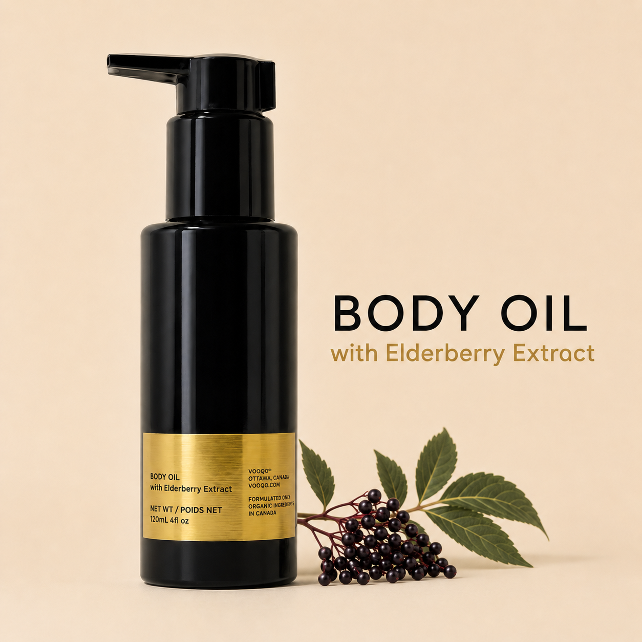 Vooqo Body Oil with Elderberry Extract main product image with black pump bottle, gold label, elderberry plant, and warm neutral background.