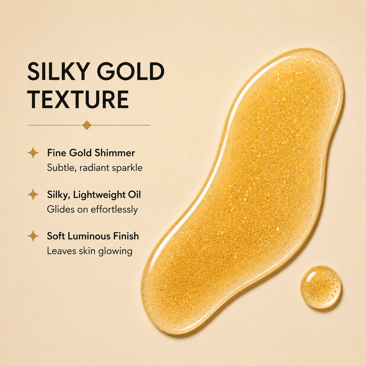 A glossy droplet of shimmering gold cosmetic oil on a warm beige background, with text reading 'SILKY GOLD TEXTURE' and bullet points describing fine gold shimmer, silky lightweight oil, and soft luminous finish.