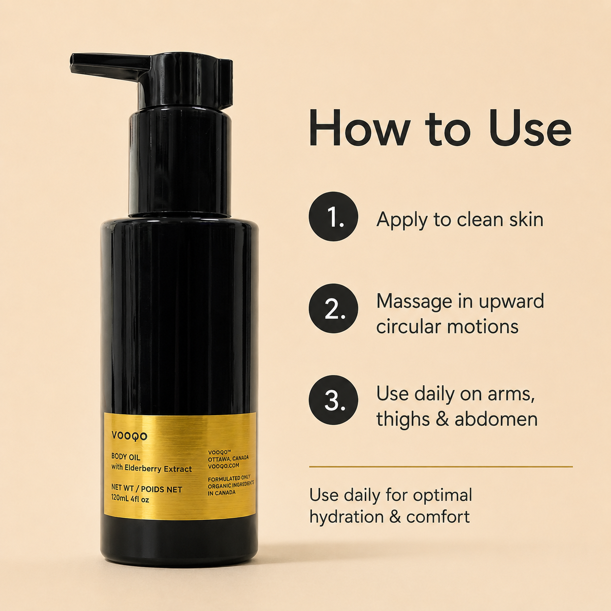 Vooqo Body Oil with Elderberry Extract texture image showing a lightweight silky body oil, smooth fluid texture, non-greasy feel, and healthy-looking glow.
