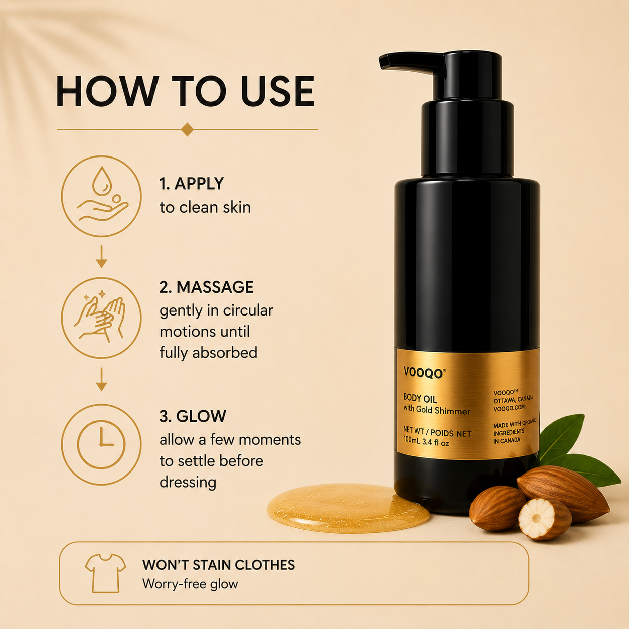How to apply Vooqo Body Oil with Gold Shimmer to clean skin and massage until absorbed.