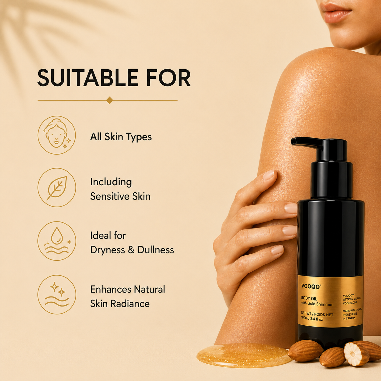 Vooqo Body Oil with Gold Shimmer suitable for all skin types including sensitive skin, dryness and dullness.
