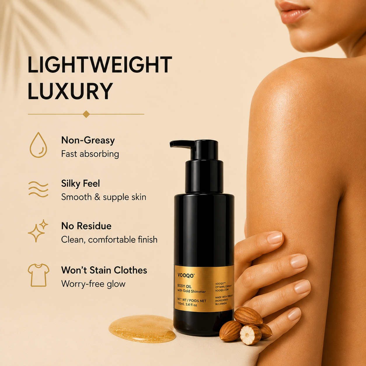 Silky lightweight texture of Vooqo Body Oil with fine gold shimmer and a soft luminous finish.