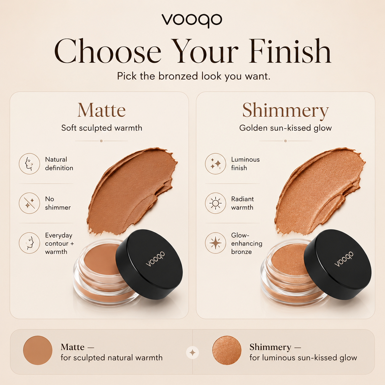 Vooqo Bronzer Cream finish guide comparing Matte for soft sculpted warmth and Shimmery for golden sun-kissed glow.