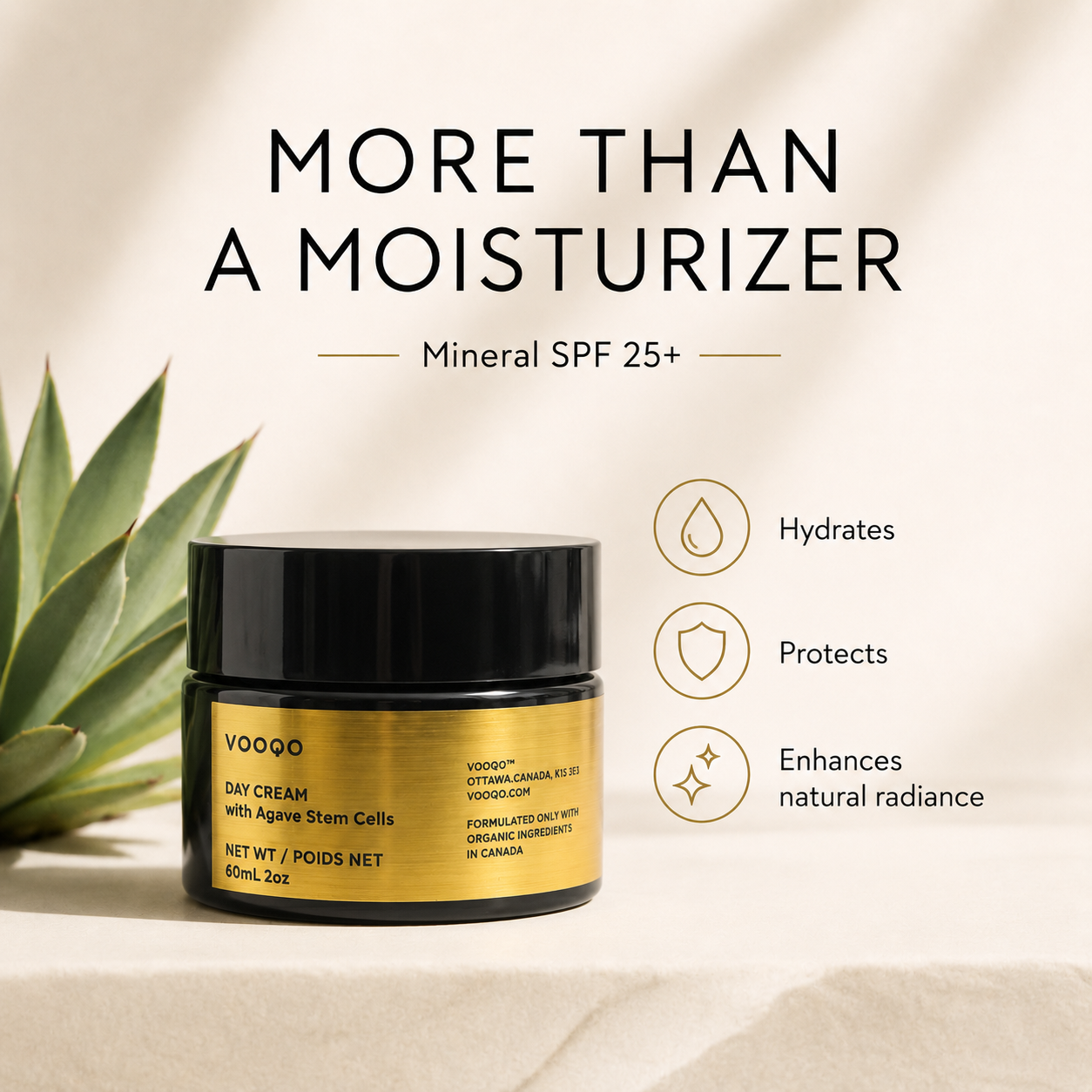 Vooqo Day Cream with Agave Stem Cells shown as a premium skincare product for daily hydration and radiance.