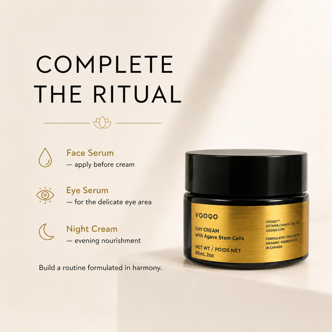 Complete the ritual with Vooqo Day Cream and complementary skincare steps shown in a minimal text-based layout.