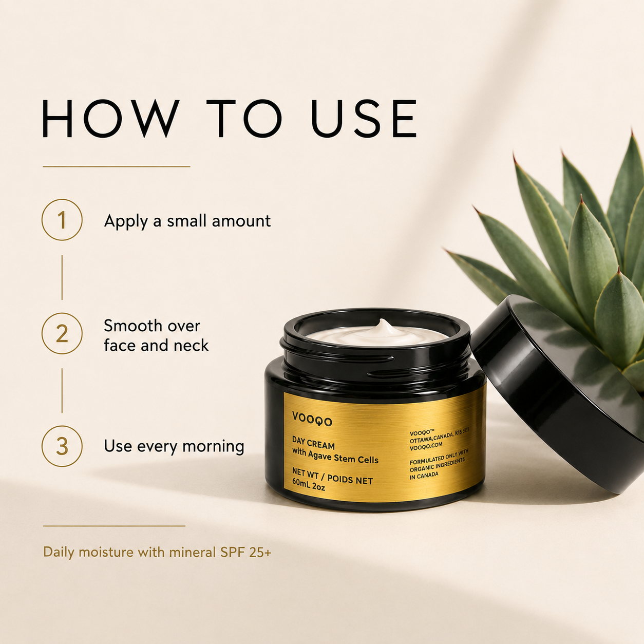 How to use Vooqo Day Cream with Agave Stem Cells for daily hydration, protection, and a radiant finish.